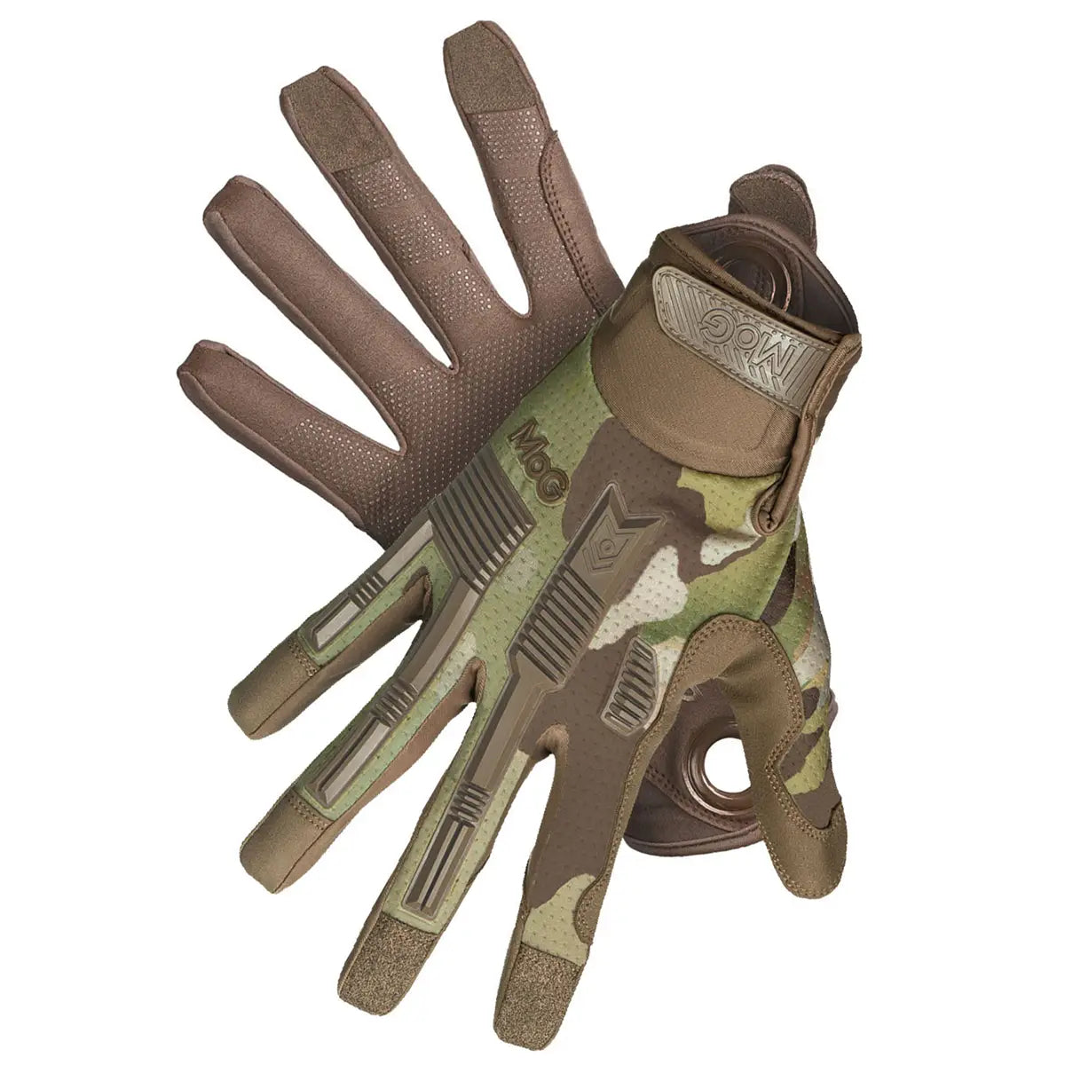 MoG Target High Abrasion Ergoshield Gloves in Multicam displayed front and back, highlighting ergonomic design and high-abrasion resistance for tactical gear.
