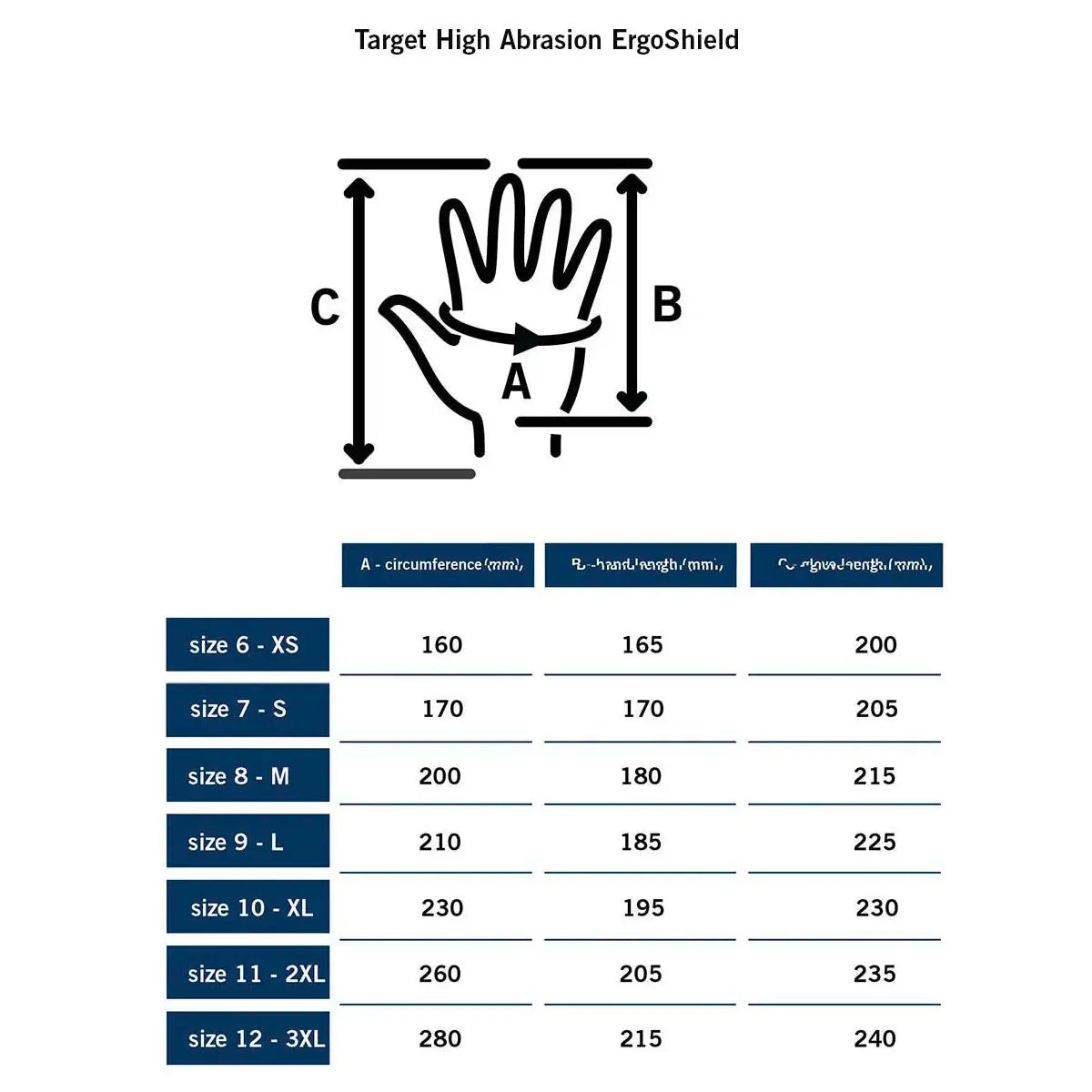 Size chart for MoG Target High Abrasion Ergoshield Gloves in Multicam with hand measurements for accurate fit selection in safety and tactical applications.