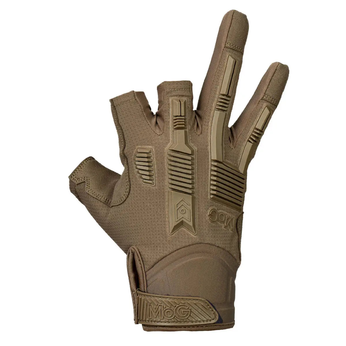 Front view of MoG Target High Abrasion Ergoshield Gloves - Trivium Brown featuring molded knuckle guards and adjustable wrist strap.