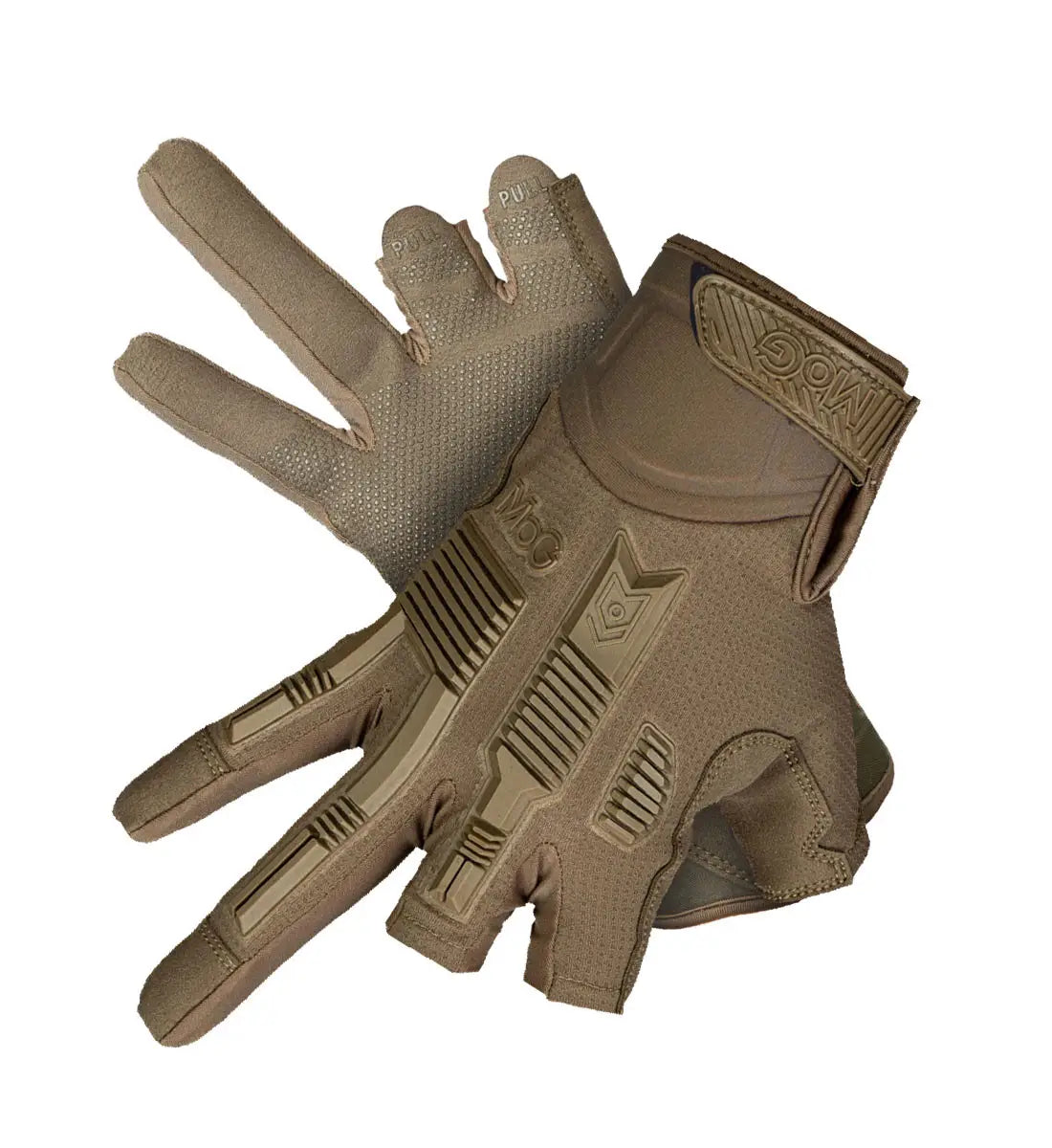 MoG Target High Abrasion Ergoshield Gloves - Trivium Brown laid flat to highlight protective padding and durable stitching for rugged use.