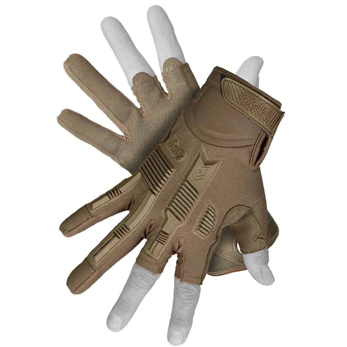 MoG Target High Abrasion Ergoshield Gloves - Trivium Brown shown in action with flexible fit and tactical grip for military applications.