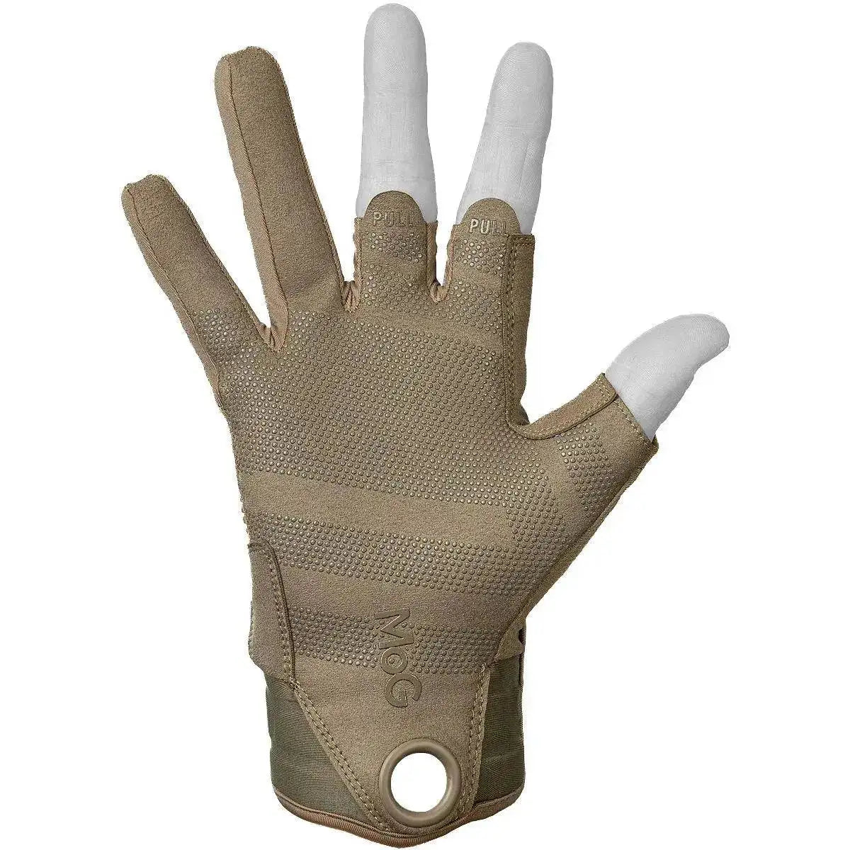 Palm view of MoG Target High Abrasion Ergoshield Gloves - Trivium Brown showing textured grip and finger pull tabs for easy removal. from John Bull Clothing