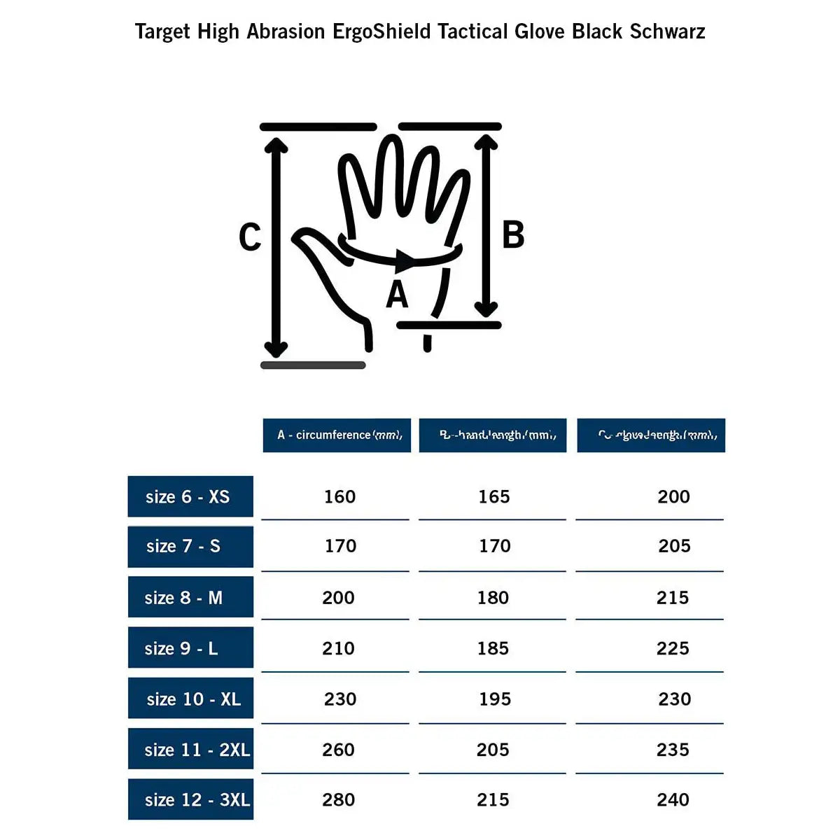 Size chart for MoG Target High Abrasion Ergoshield Gloves - Trivium Brown displaying hand circumference and length measurements in mm.