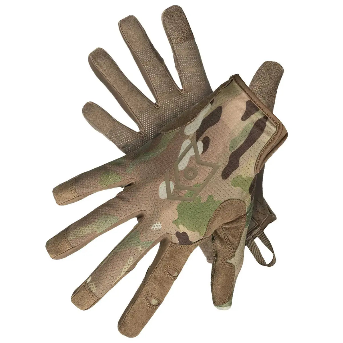 Pair of MoG Target Light Duty Gloves Multicam displayed front and back, highlighting camo design and durable grip for industrial and tactical use.