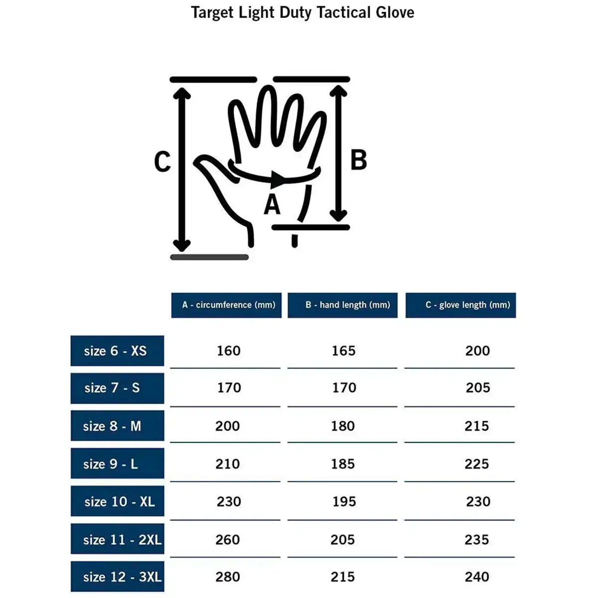 MoG Target Light Duty Gloves Multicam size chart with hand measurements for accurate fit. Essential for selecting proper safety glove size. from John Bull Clothing