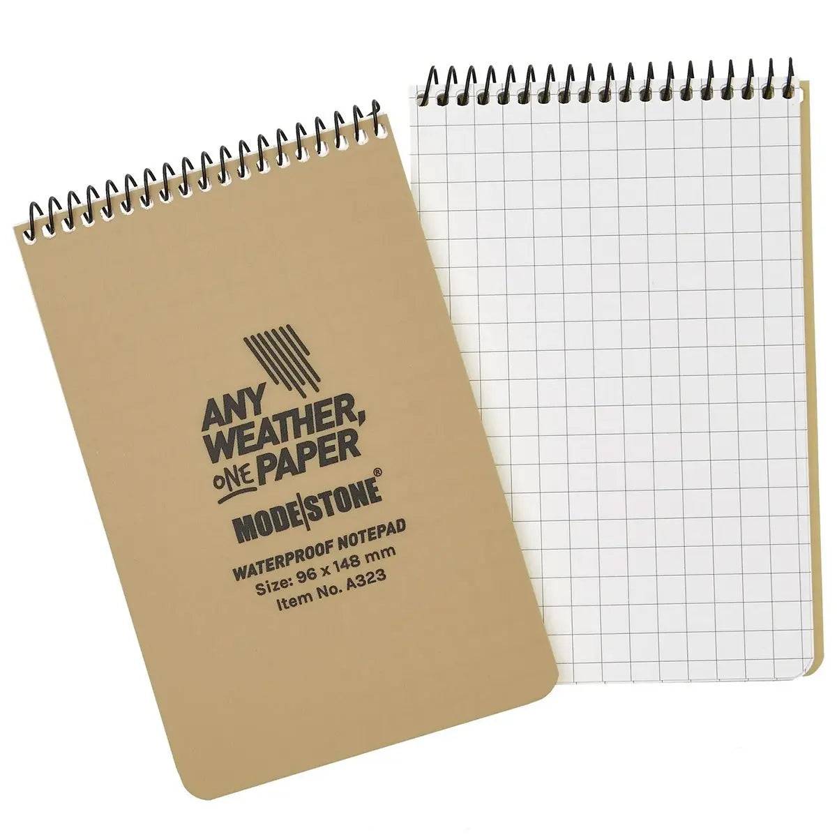 Modestone A6 top spiral waterproof notepad with 60 pages, featuring a tan cover and durable waterproof paper. Ideal for outdoor use in any weather.