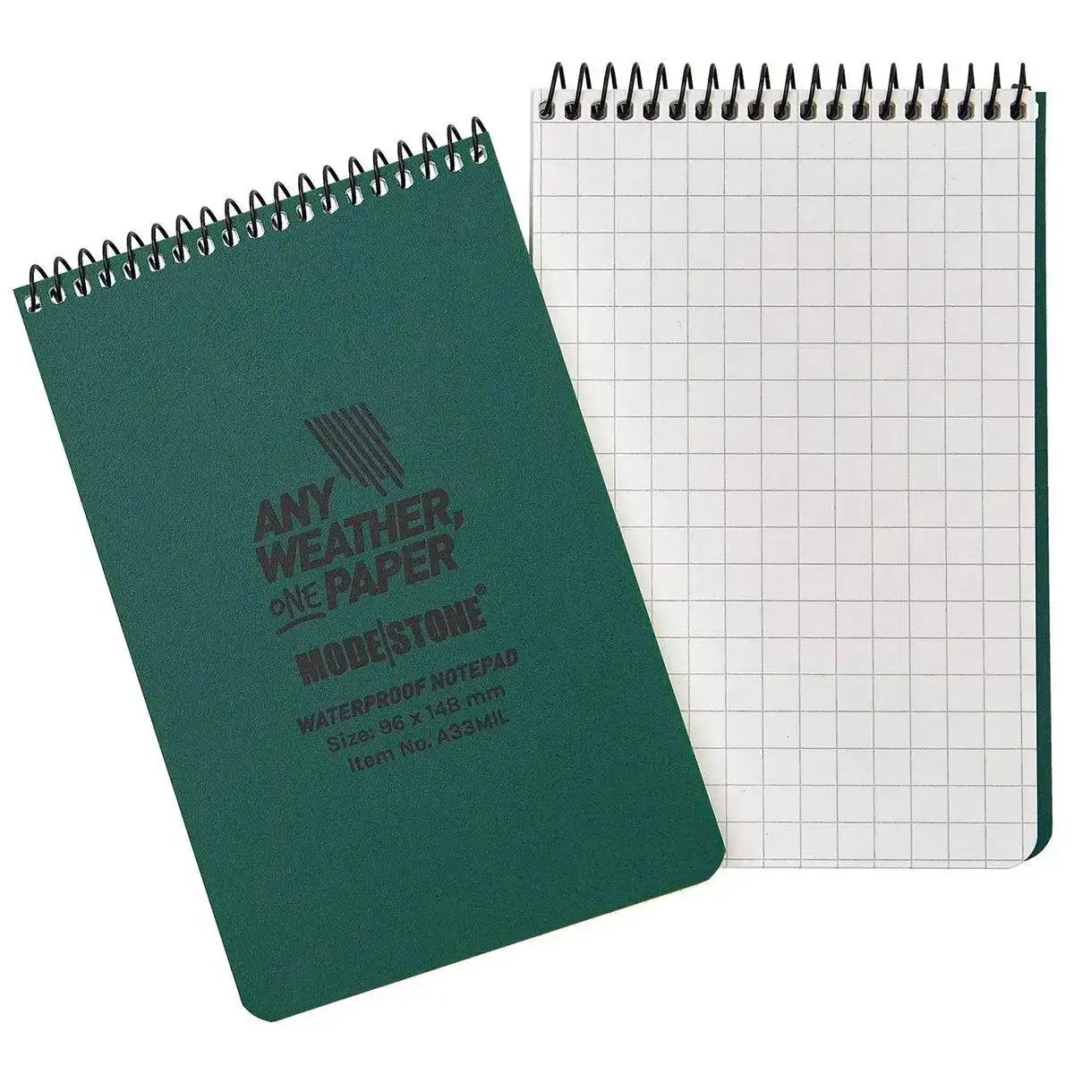 Modestone A6 Top Spiral Waterproof Notepad with 100 pages, featuring a durable green cover and grid-lined waterproof paper for all-weather writing. Green from John Bull Clothing
