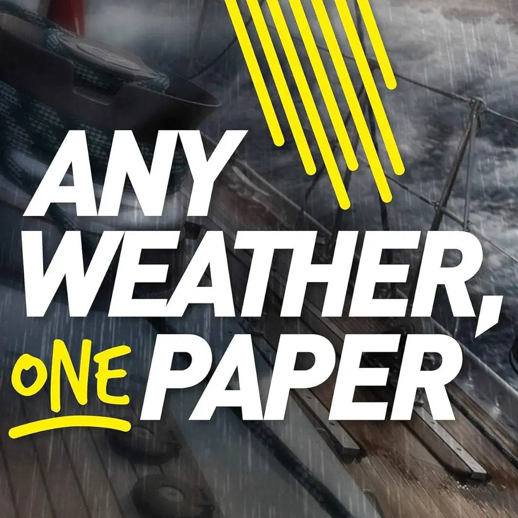 Promotional image for Modestone waterproof notepad with the slogan 'Any Weather, One Paper' over a stormy sea background. Highlights durability in harsh conditions.