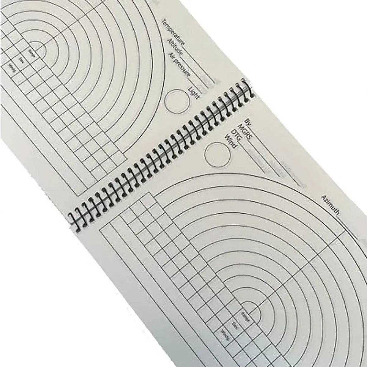 Modestone Snipers Waterproof Logbook A5 showing circular shooting data charts for tracking environmental conditions and ballistic performance.