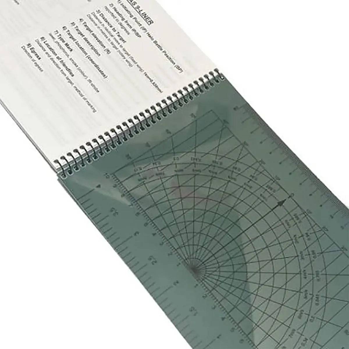 Modestone Snipers Waterproof Logbook A5 with a transparent overlay ruler and angular measurement chart for precise shooting calculations.