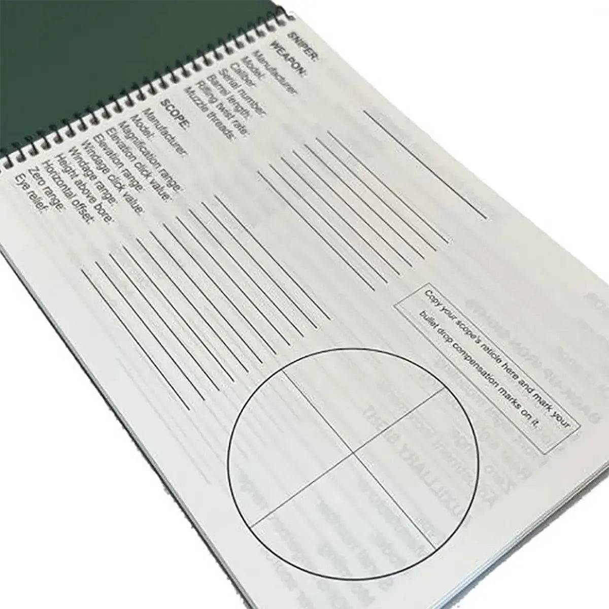 Open Modestone Snipers Waterproof Logbook A5 displaying lined pages with shooting data fields and a target diagram for precise record-keeping.