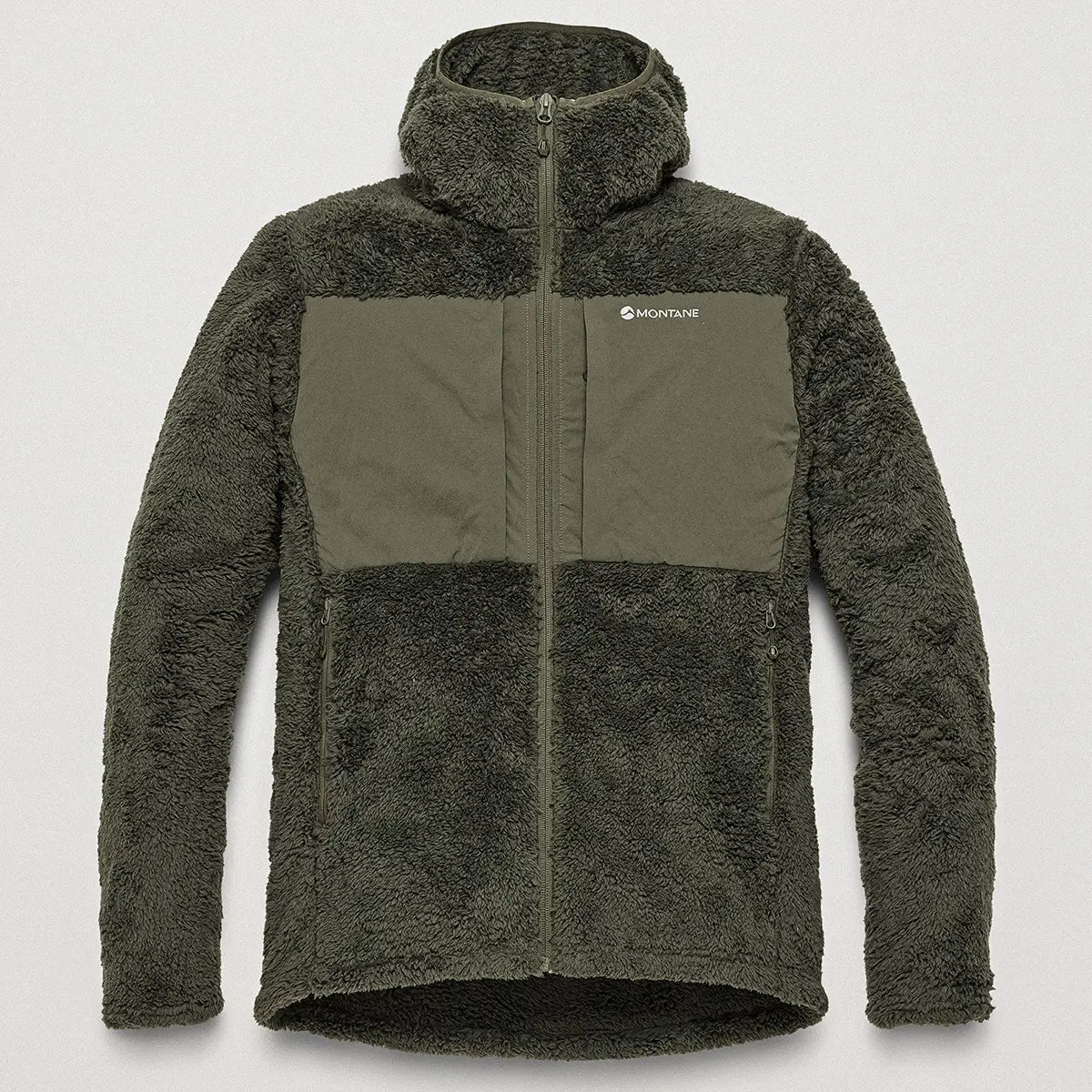 Montane Mens Caldus XT 2.0 Hooded Fleece Jacket in olive green with black chest panel, high-pile fleece, full zip, outdoor clothing
