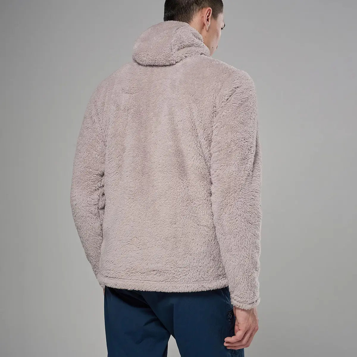 Men's beige hooded fleece jacket with plush, high-pile material, long sleeves, and a relaxed fit, ideal for cold outdoor activities - SKU: JB1618-MO-S
