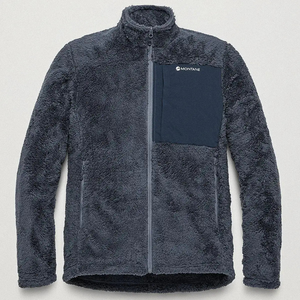 Montane Mens Caldus XT 2.0 fleece jacket in dark gray, high-pile soft fleece with a full front zipper, zippered side pockets, and a chest pocket with logo, ideal for outdoor cold weather activities.
