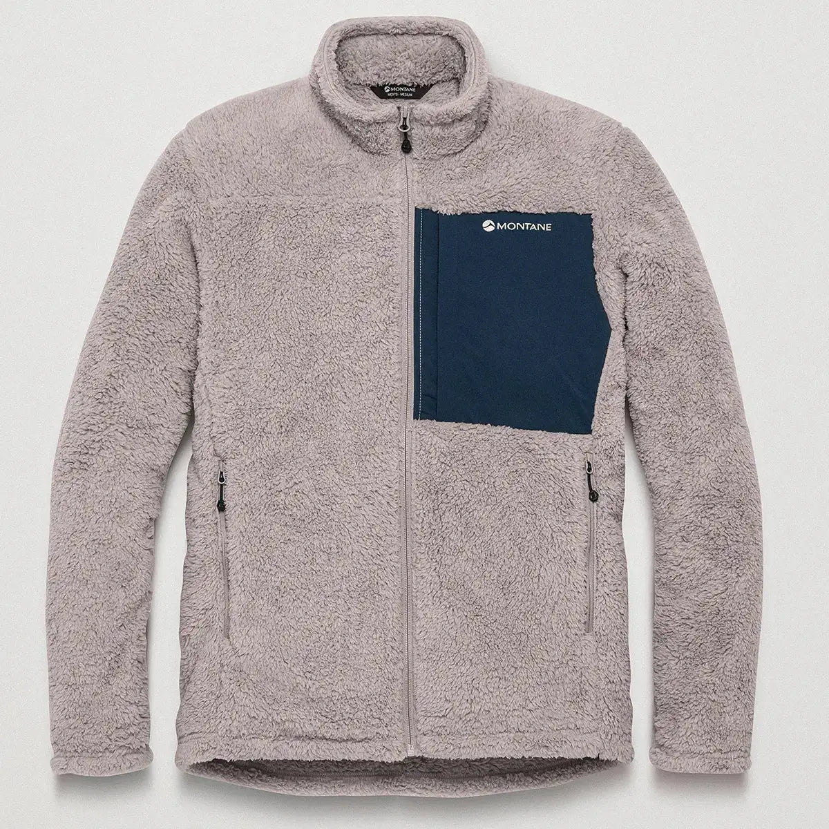 Montane Mens Caldus XT 2.0 fleece jacket in light gray with a high collar, full zipper, and chest pocket, perfect for outdoor layering - SKU: JB1618-MO-S