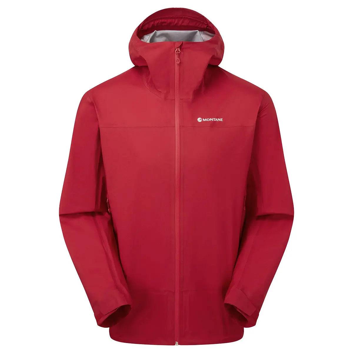 Montane Mens Cetus Lite Waterproof Jacket in red, featuring a fully adjustable hood, breathable fabric, and lightweight waterproof protection.