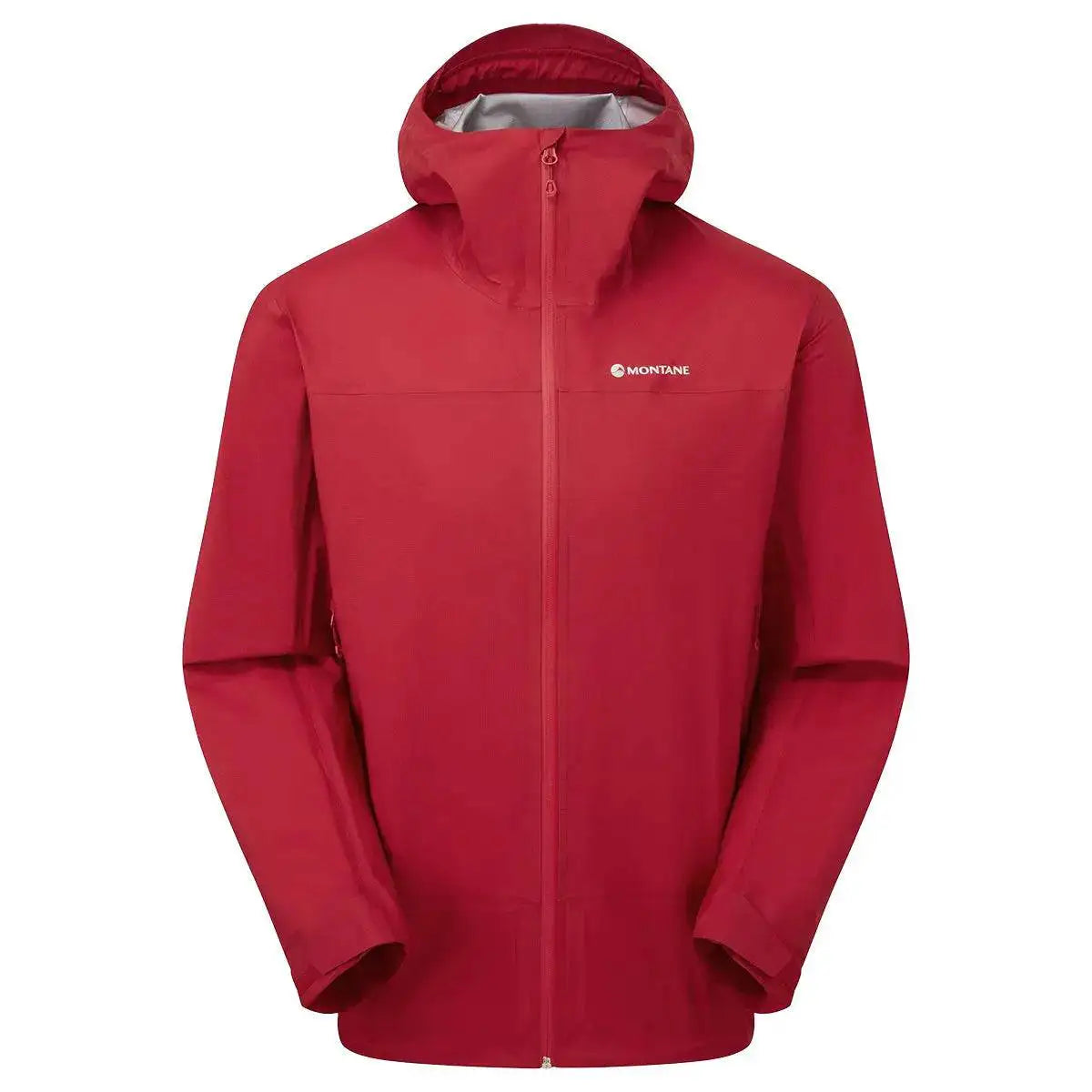 Montane Mens Cetus Lite Waterproof Jacket in red, featuring a fully adjustable hood, breathable fabric, and lightweight waterproof protection. Acer Red from John Bull Clothing