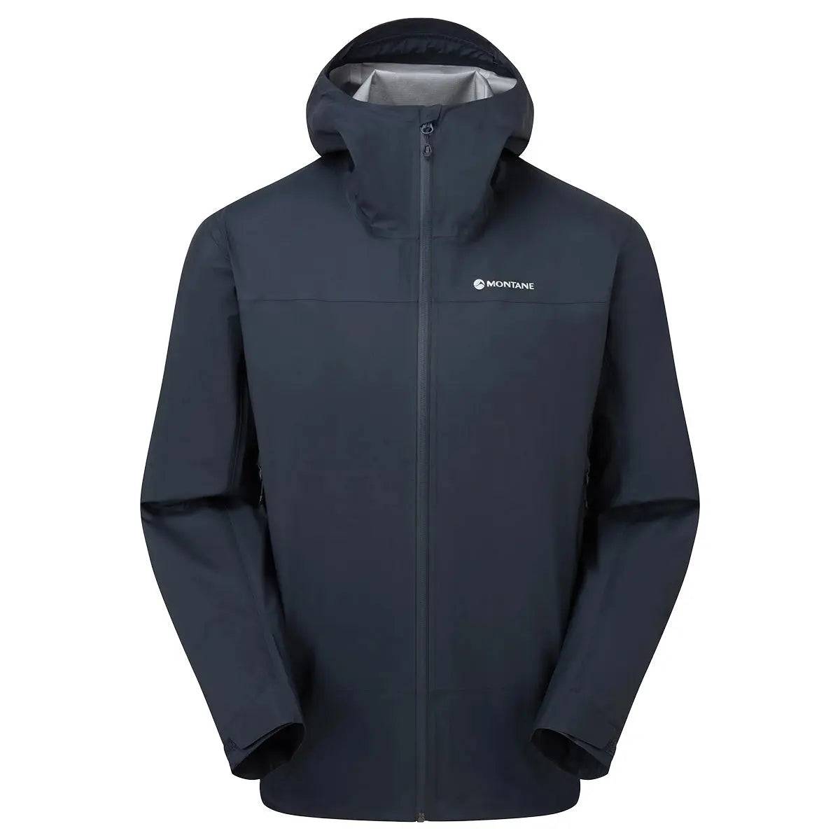 Montane Mens Cetus Lite Waterproof Jacket in black, designed for lightweight protection against rain and wind with a modern, minimalist look.