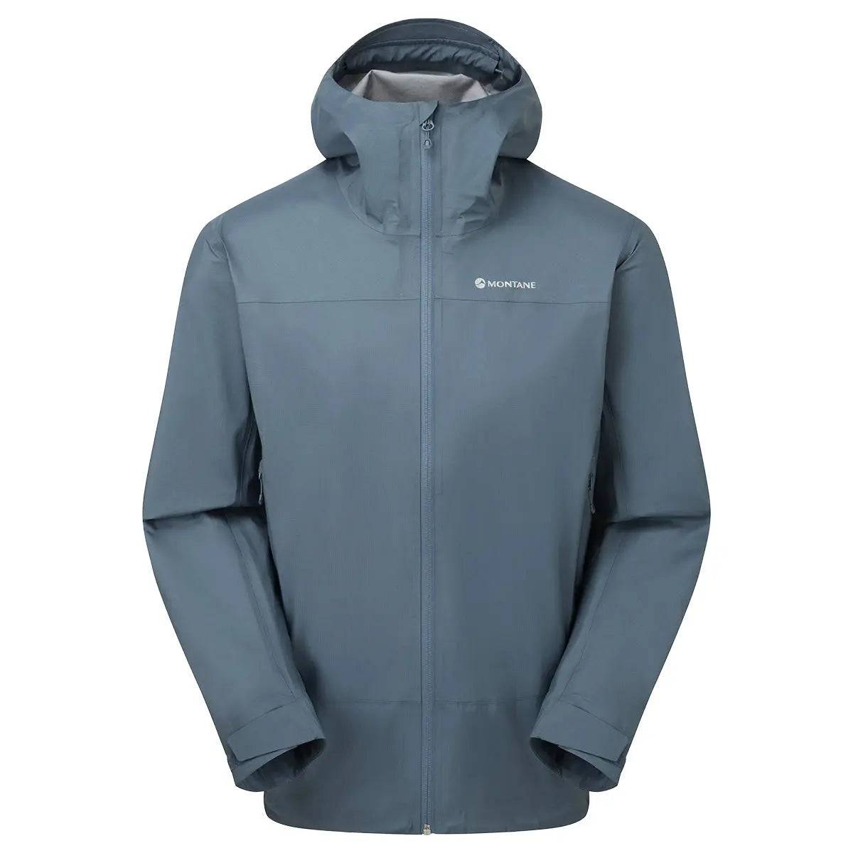 Montane Mens Cetus Lite Waterproof Jacket in blue, featuring a sleek design with a fully adjustable hood and breathable waterproof material.