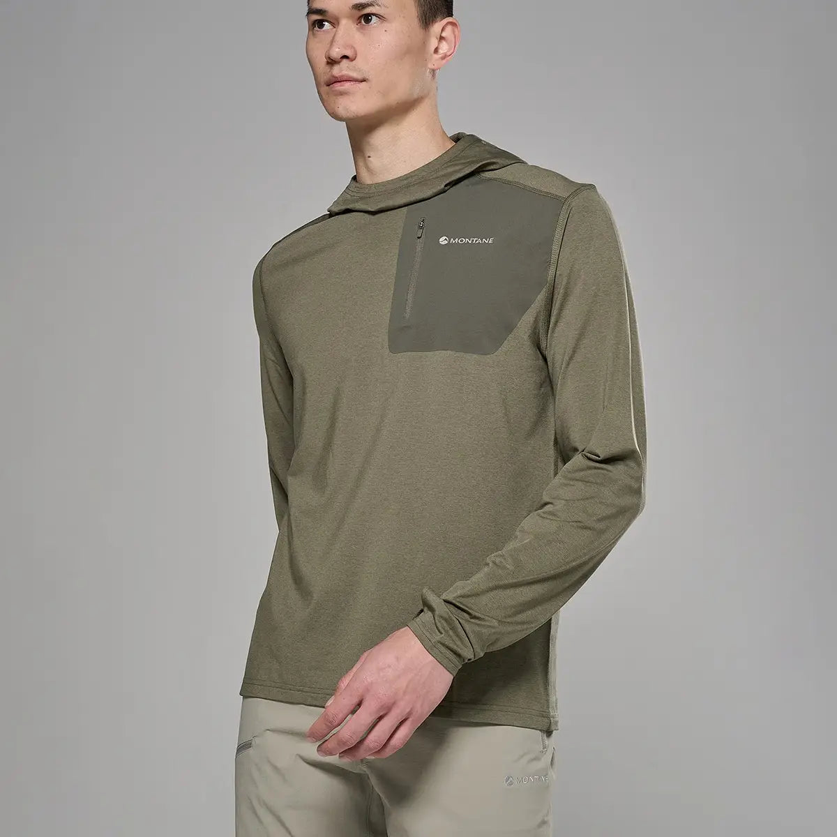 Olive green Montane men's Dart XT thermal hoodie with zippered chest pocket, lightweight fabric, and adjustable hood for outdoor wear