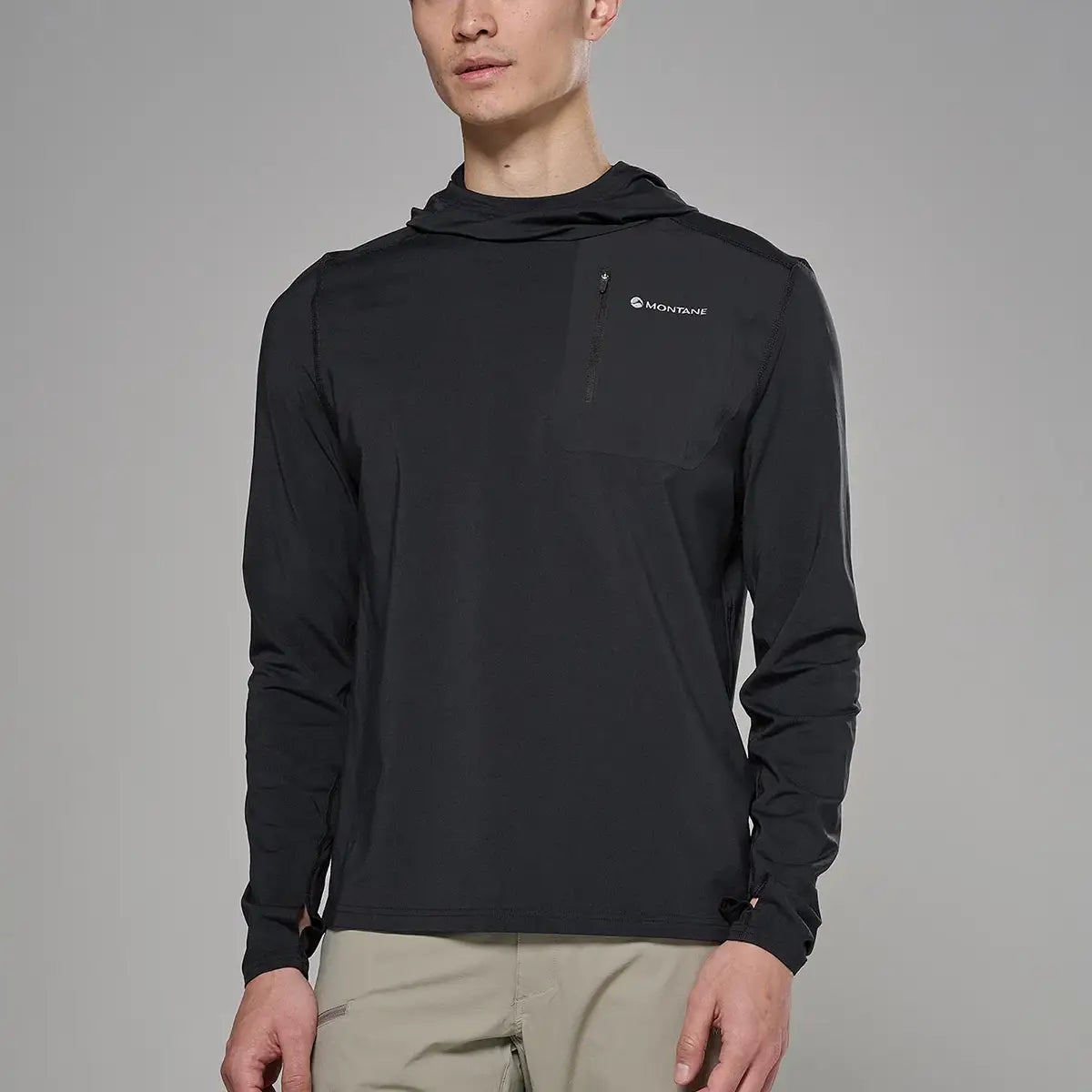 Black Montane men's Dart XT thermal hoodie with lightweight design, zippered chest pocket, and adjustable hood for outdoor activity