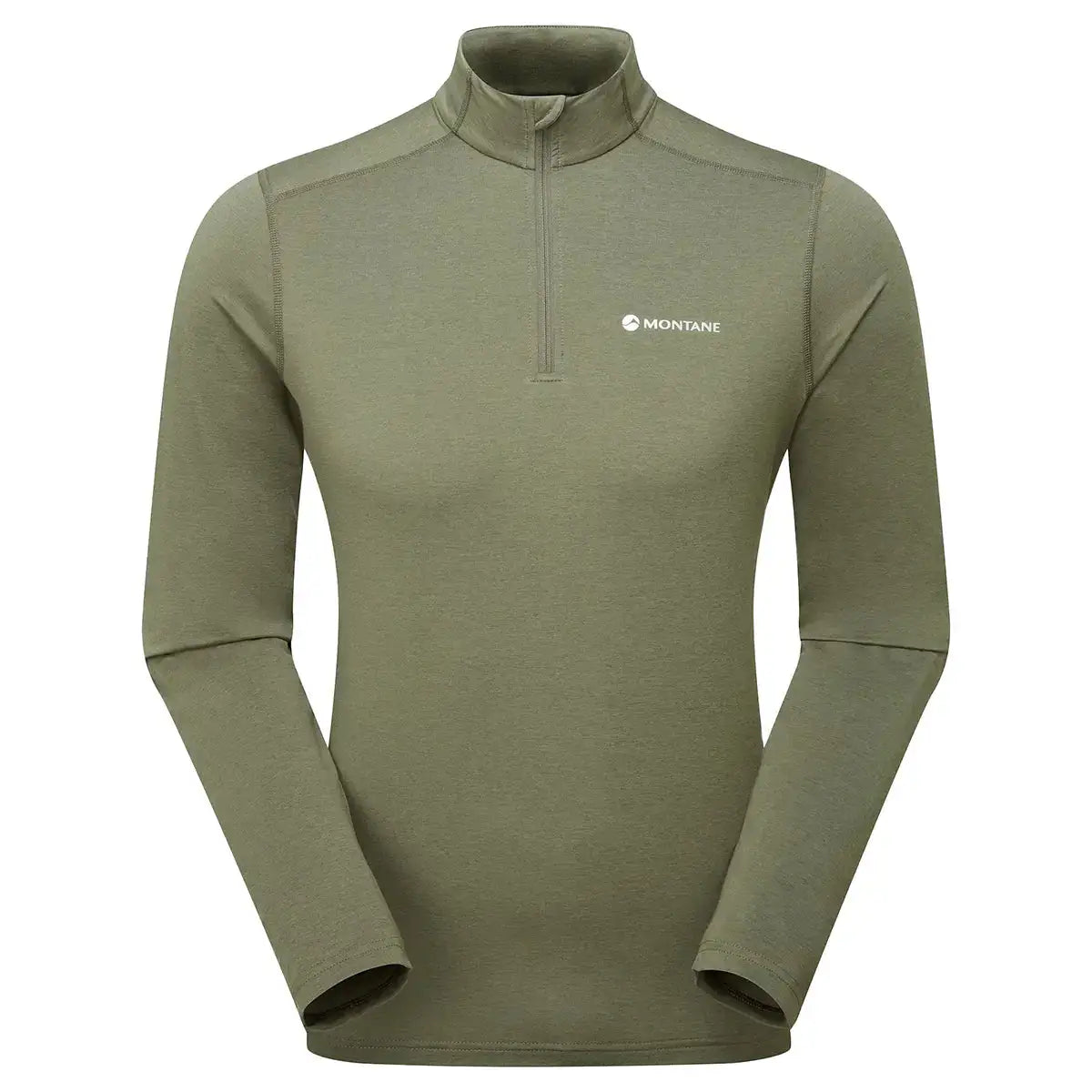 Montane Mens Dart XT Zip Neck Long Sleeved Thermal Top in olive green, ideal for alpine layering and cold-weather activewear performance. Caper from John Bull Clothing