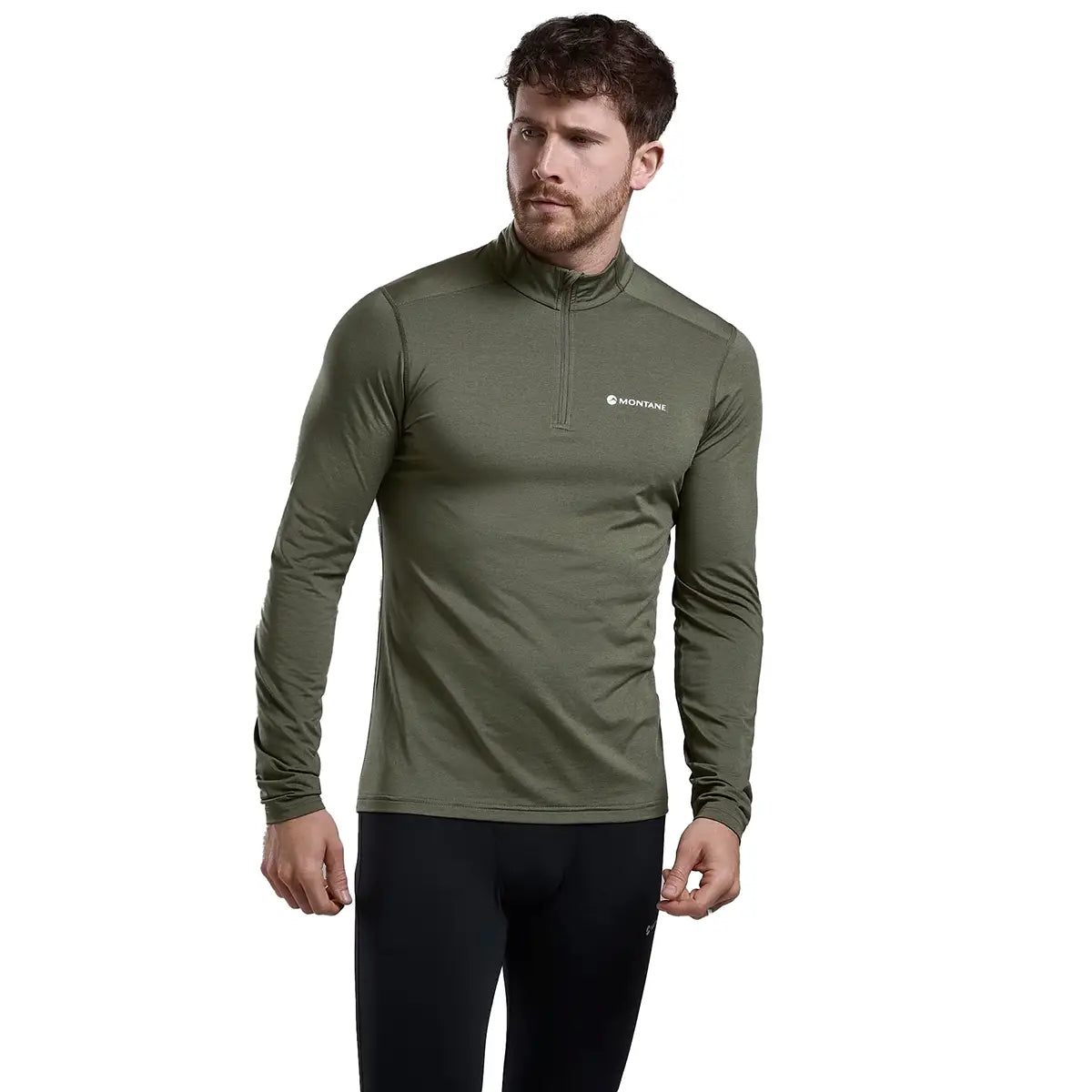 Model wearing Montane Mens Dart XT Zip Neck Long Sleeved Thermal Top in olive green, showcasing fit and performance-ready design.