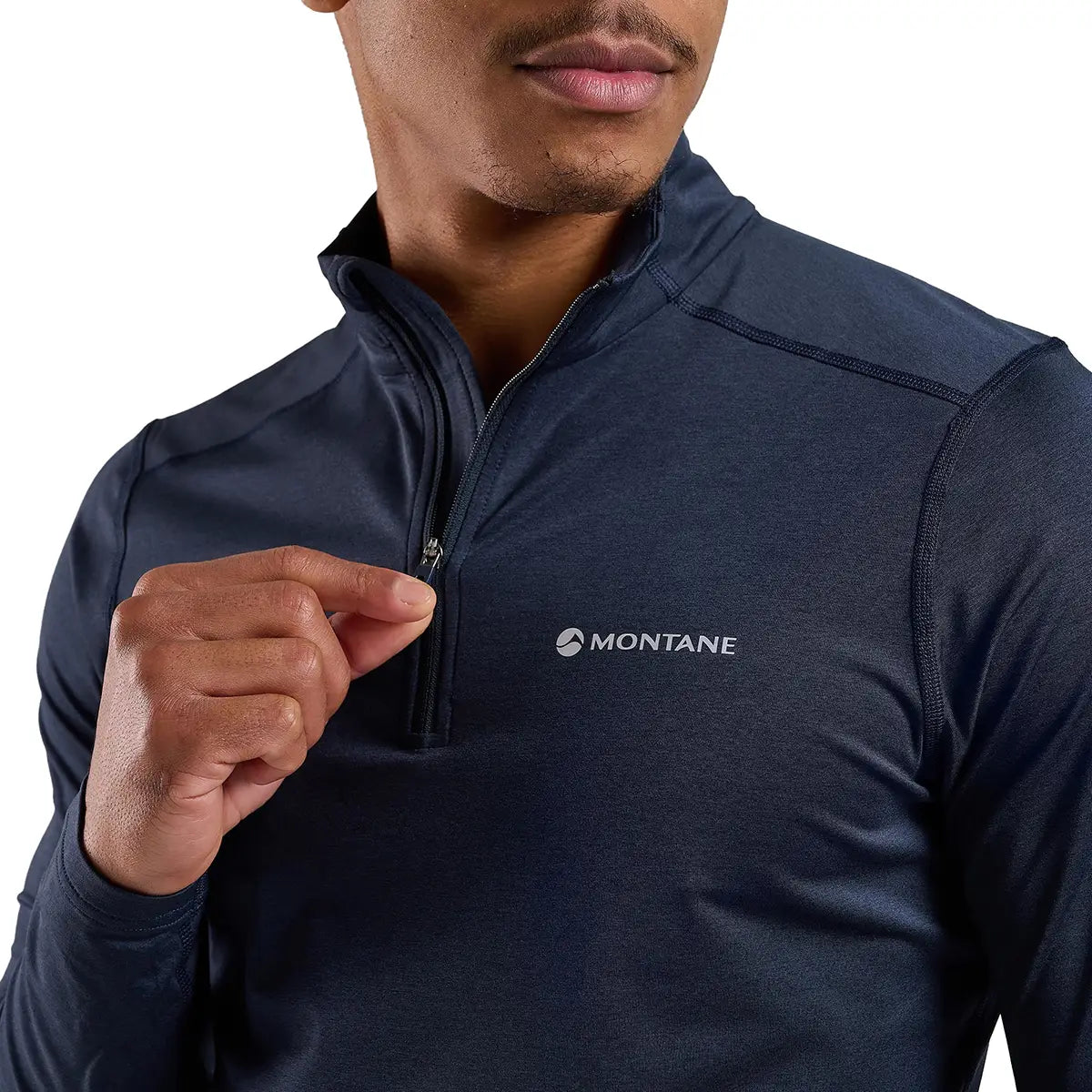 Close-up of Montane Mens Dart XT Zip Neck Long Sleeved Thermal Top in navy, highlighting zip neck and breathable fabric texture.