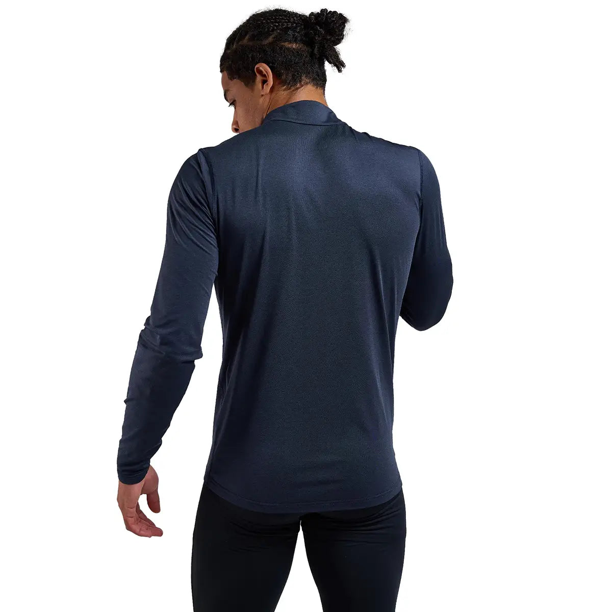 Back view of Montane Mens Dart XT Zip Neck Long Sleeved Thermal Top in navy, showing full-length coverage and ergonomic fit.