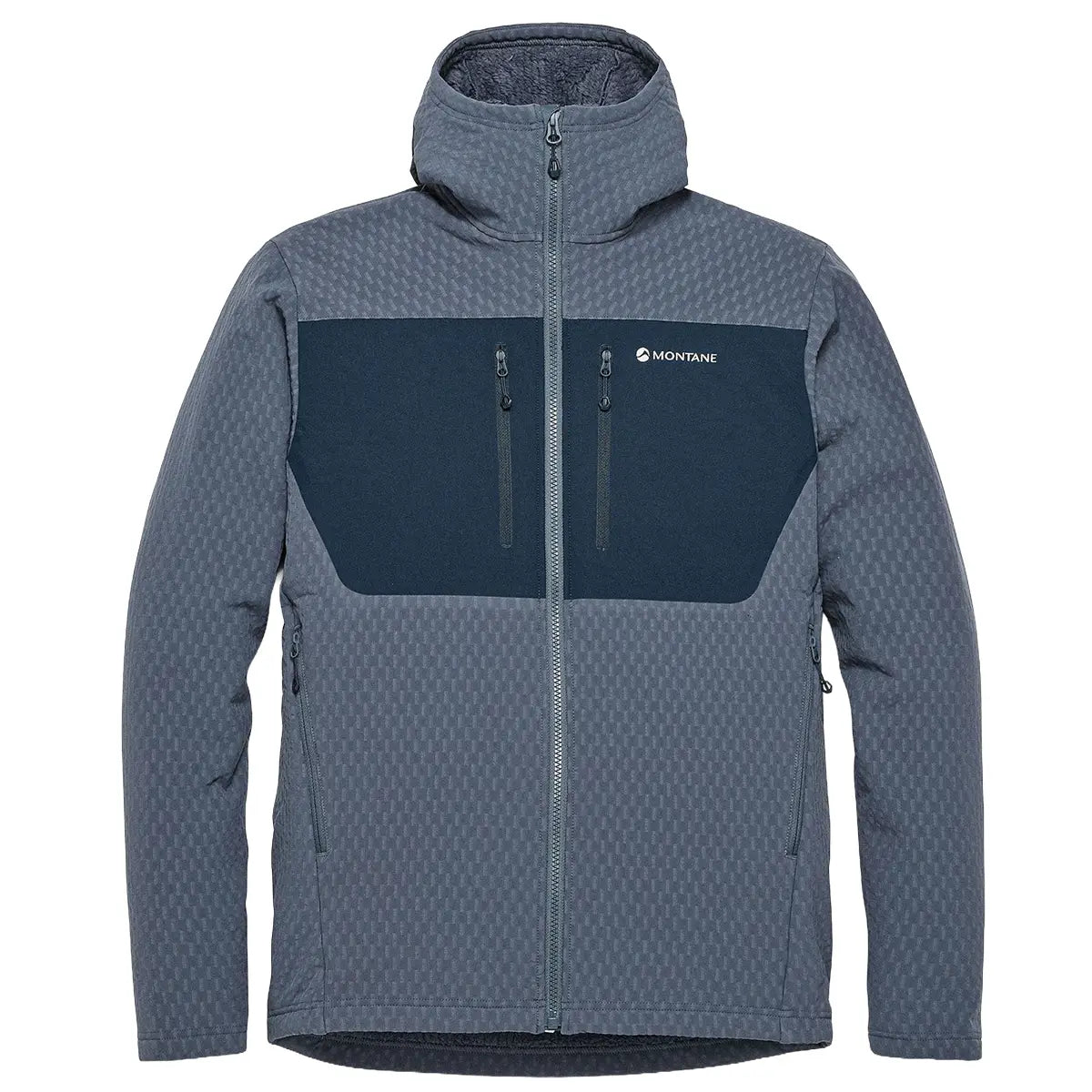 Montane Mens Dura XT Hoodie fleece jacket in grey with black accents, high collar, full zip, multiple zippered pockets, outdoor activewear
