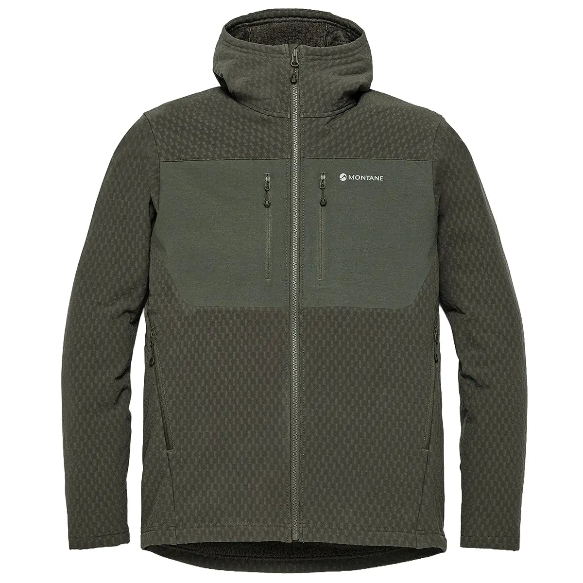 Montane Mens Dura XT Hoodie fleece jacket in green with textured fabric, high collar, full zip, outdoor activewear for rugged terrain