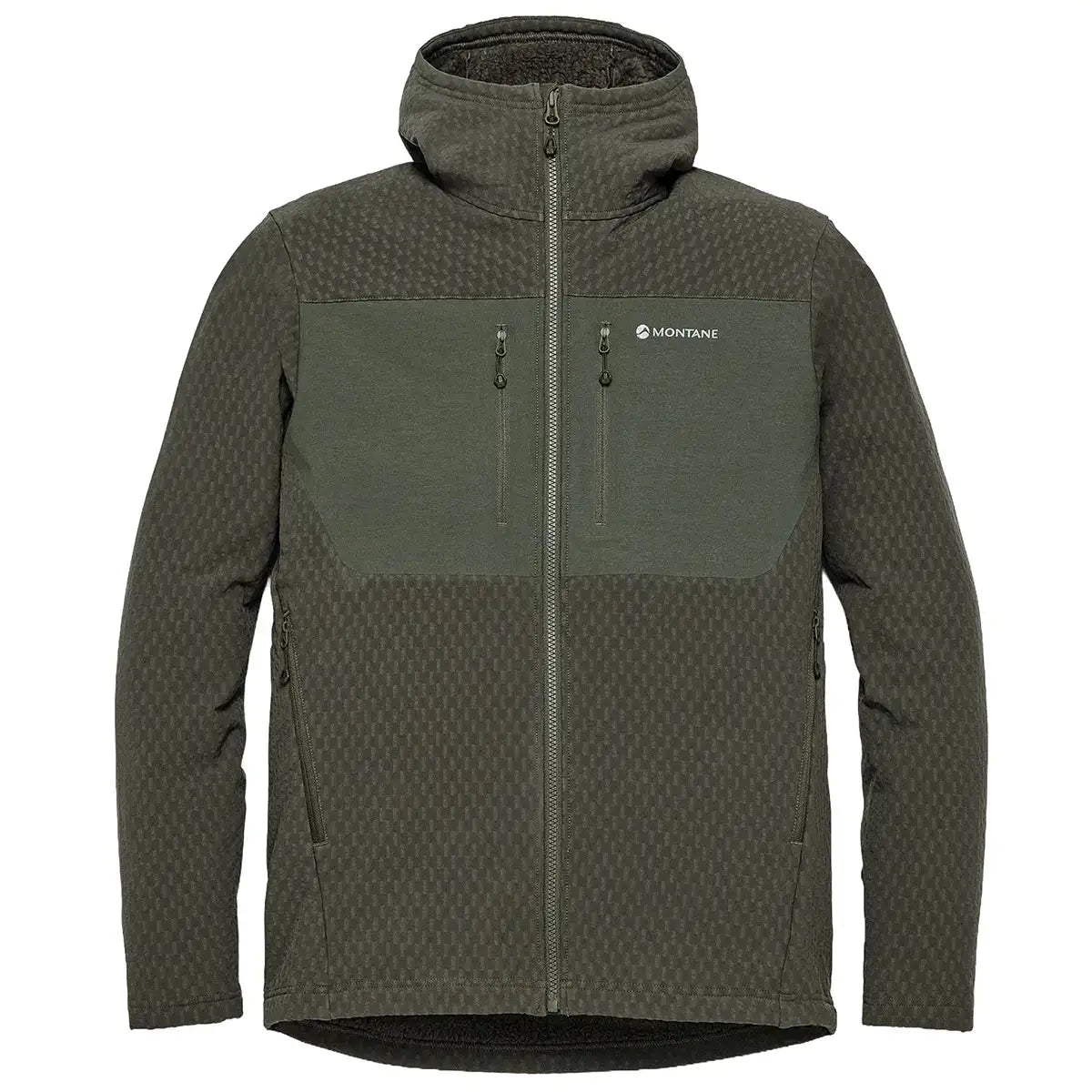 Montane Mens Dura XT Hoodie fleece jacket in green with textured fabric, high collar, full zip, outdoor activewear for rugged terrain
