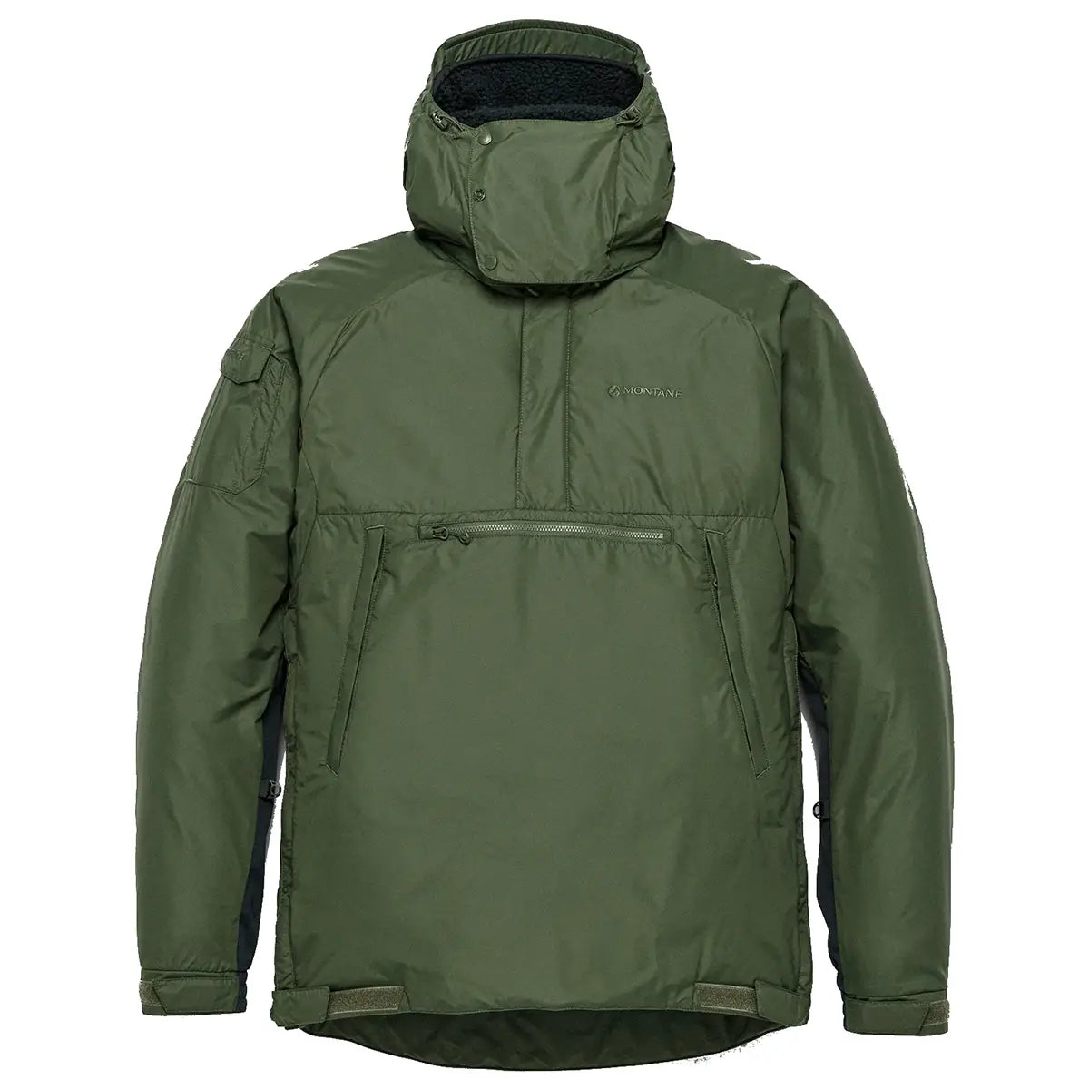 Montane Extreme Smock Insulated Mens in olive green with hood and zippered chest pocket, ideal for cold-weather outerwear from John Bull Clothing.