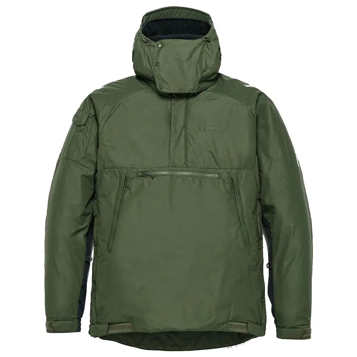 Montane Extreme Smock Insulated Mens in olive green with hood and zippered chest pocket, ideal for cold-weather outerwear from John Bull Clothing. Moss Green from John Bull Clothing