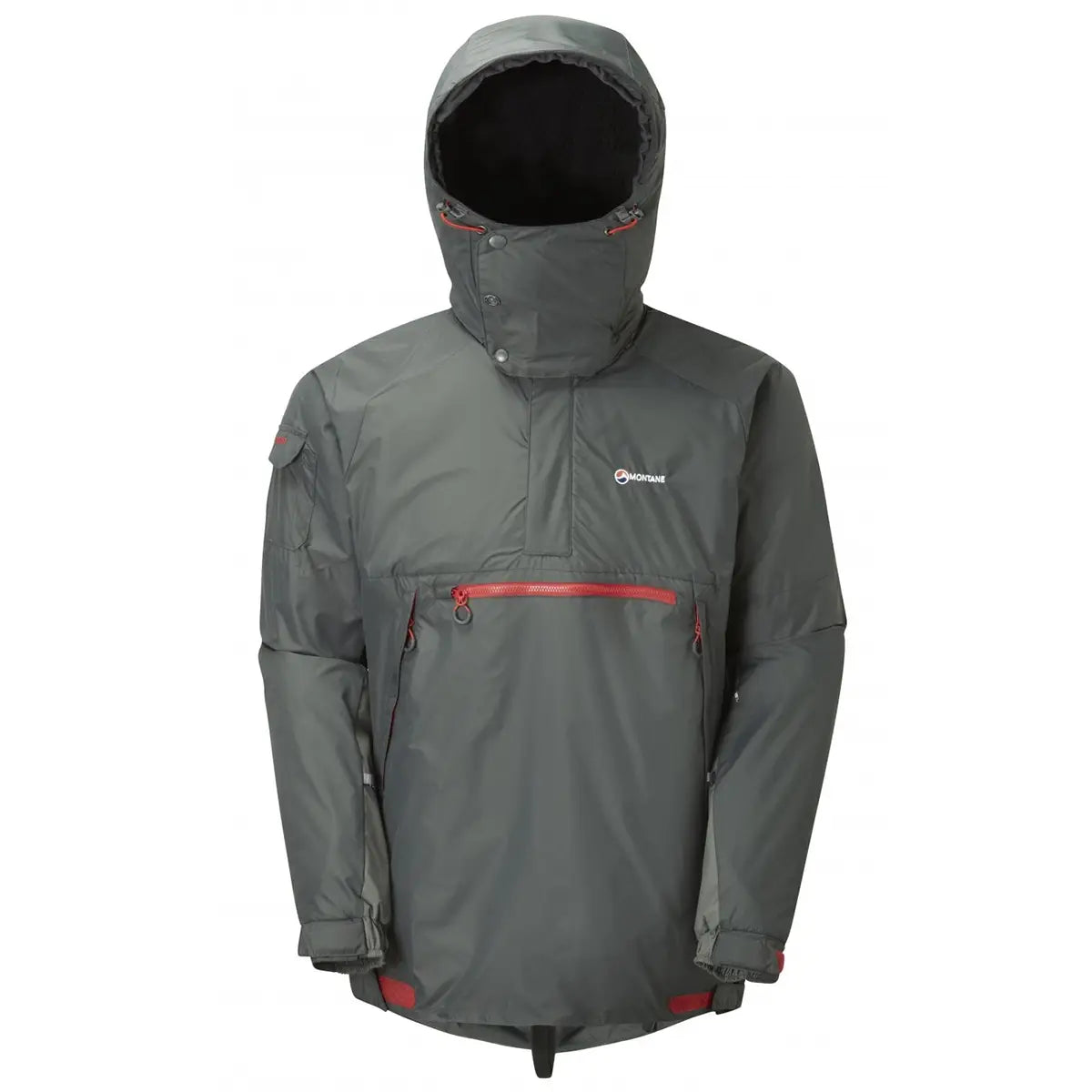 Montane Extreme Smock Insulated Mens in grey with red zips, a durable cold-weather sport jacket available at John Bull Clothing.