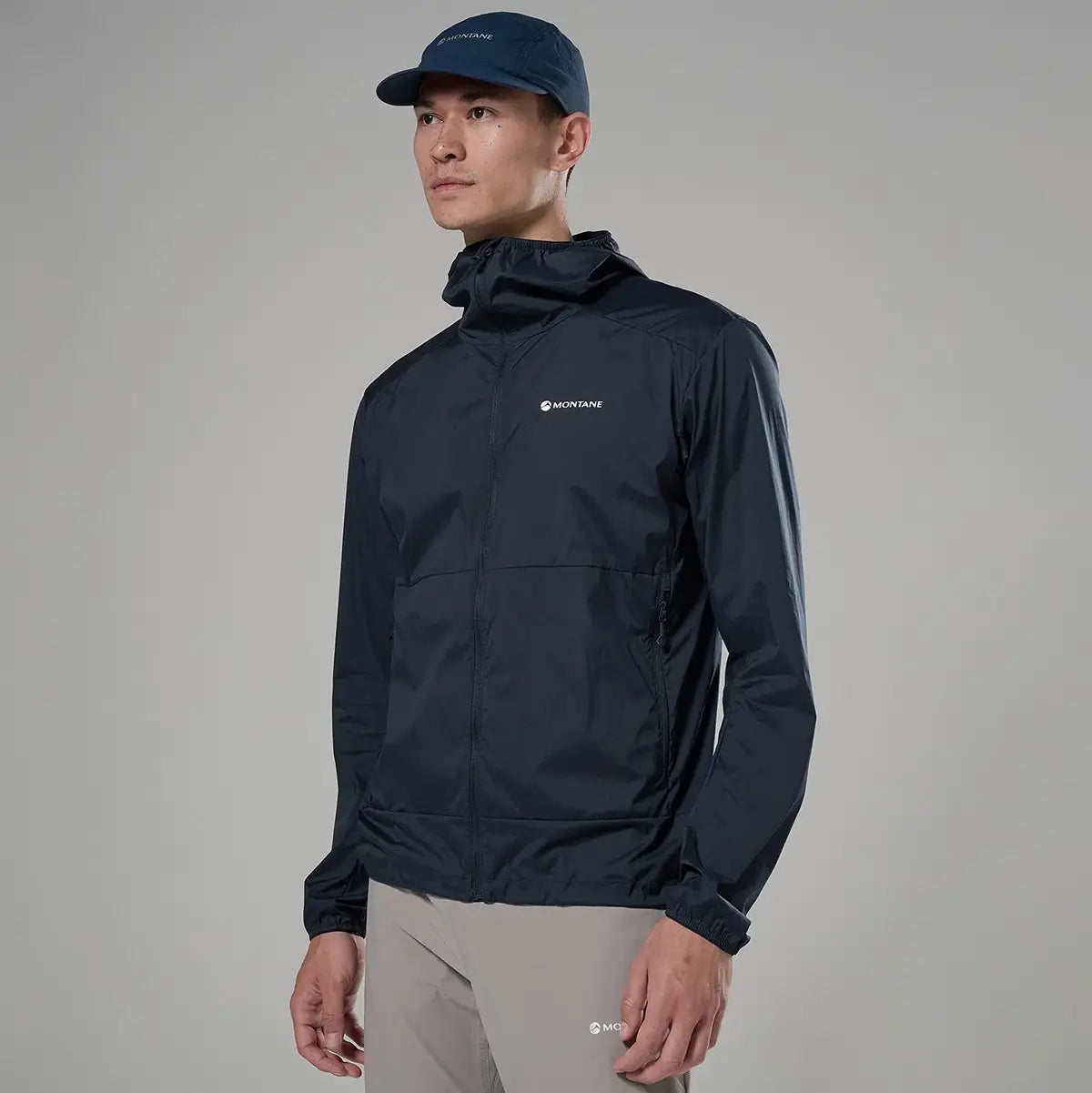 Men's navy windbreaker jacket with hood, outdoor apparel for wind protection
