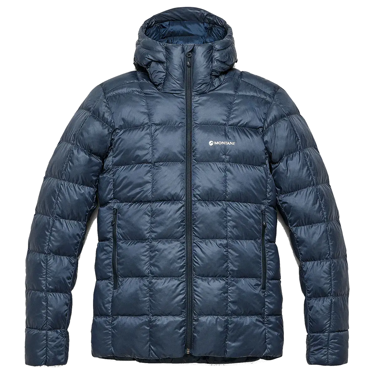 Navy blue Montane Mens Icarus 3.0 Hooded Insulated Jacket with quilted design, front zipper, and side pockets, ideal for outdoor winter activities - SKU: JB1616-MO-S