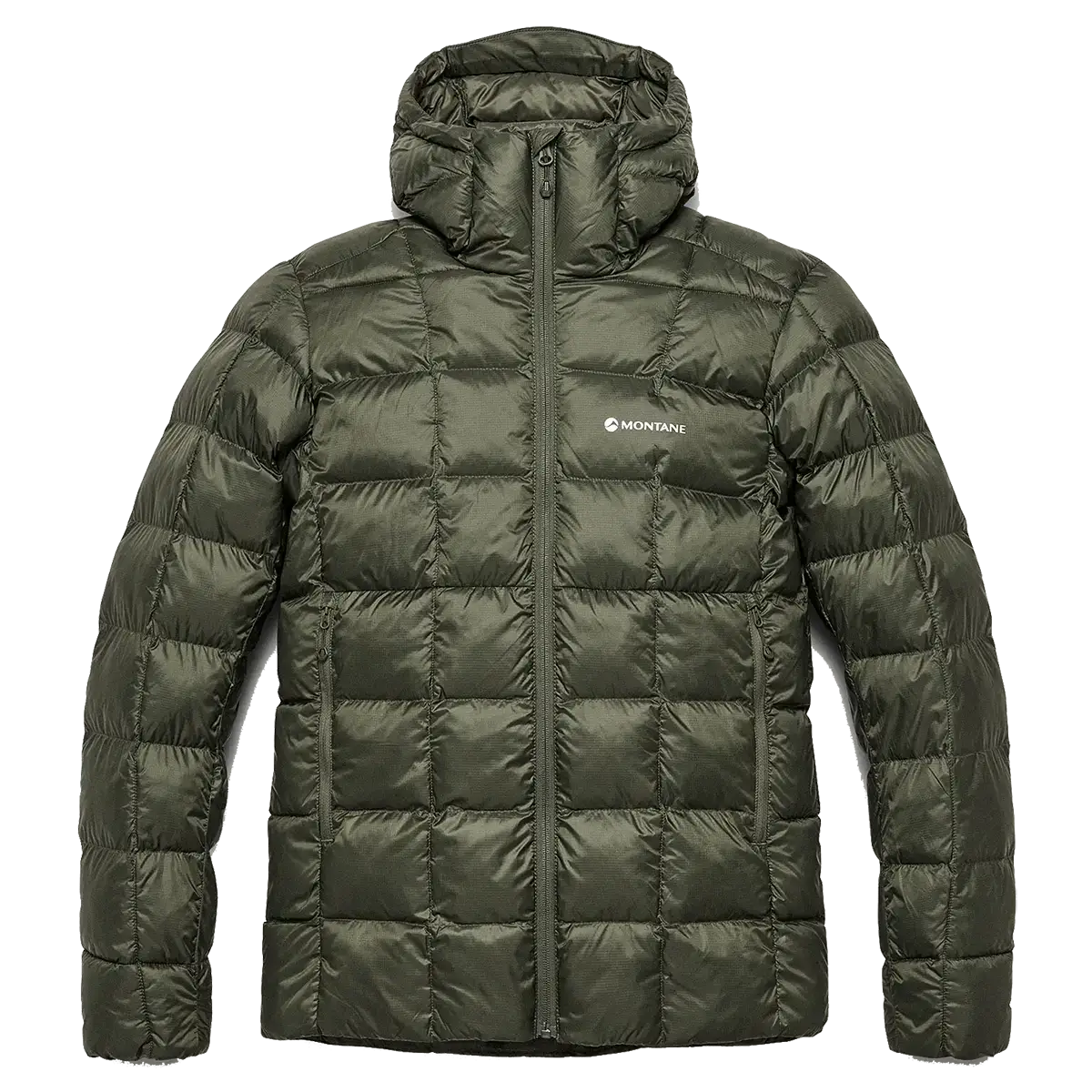 Olive green Montane Mens Icarus 3.0 Hooded Insulated Jacket with quilted construction, front zip, and hood, designed for mountain use - SKU: JB1616-MO-S