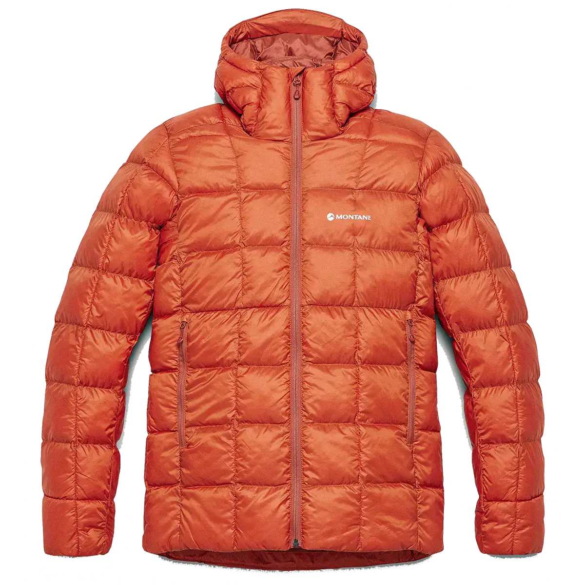 Orange Montane Mens Icarus 3.0 Hooded Insulated Jacket with quilted pattern, front zipper, and hood, suitable for cold weather trekking - SKU: JB1616-MO-S