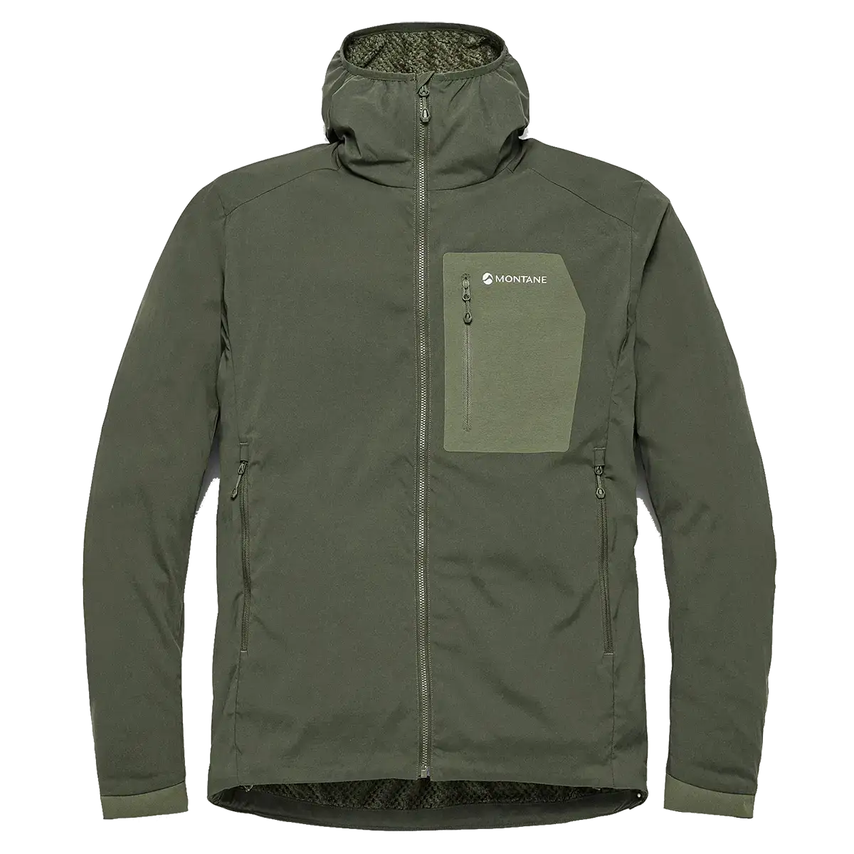 Close-up of Montane men's lightweight softshell hooded jacket in green with a zippered chest pocket, logo, and durable fabric for outdoor activities - SKU: JB1617-MS-S