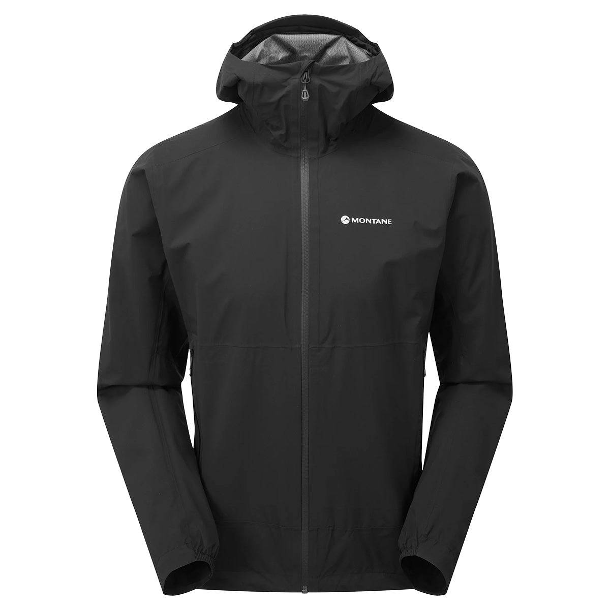Montane Mens Minimus Lite Waterproof Jacket in sleek black, minimalist design for high-performance weather protection on the move.
