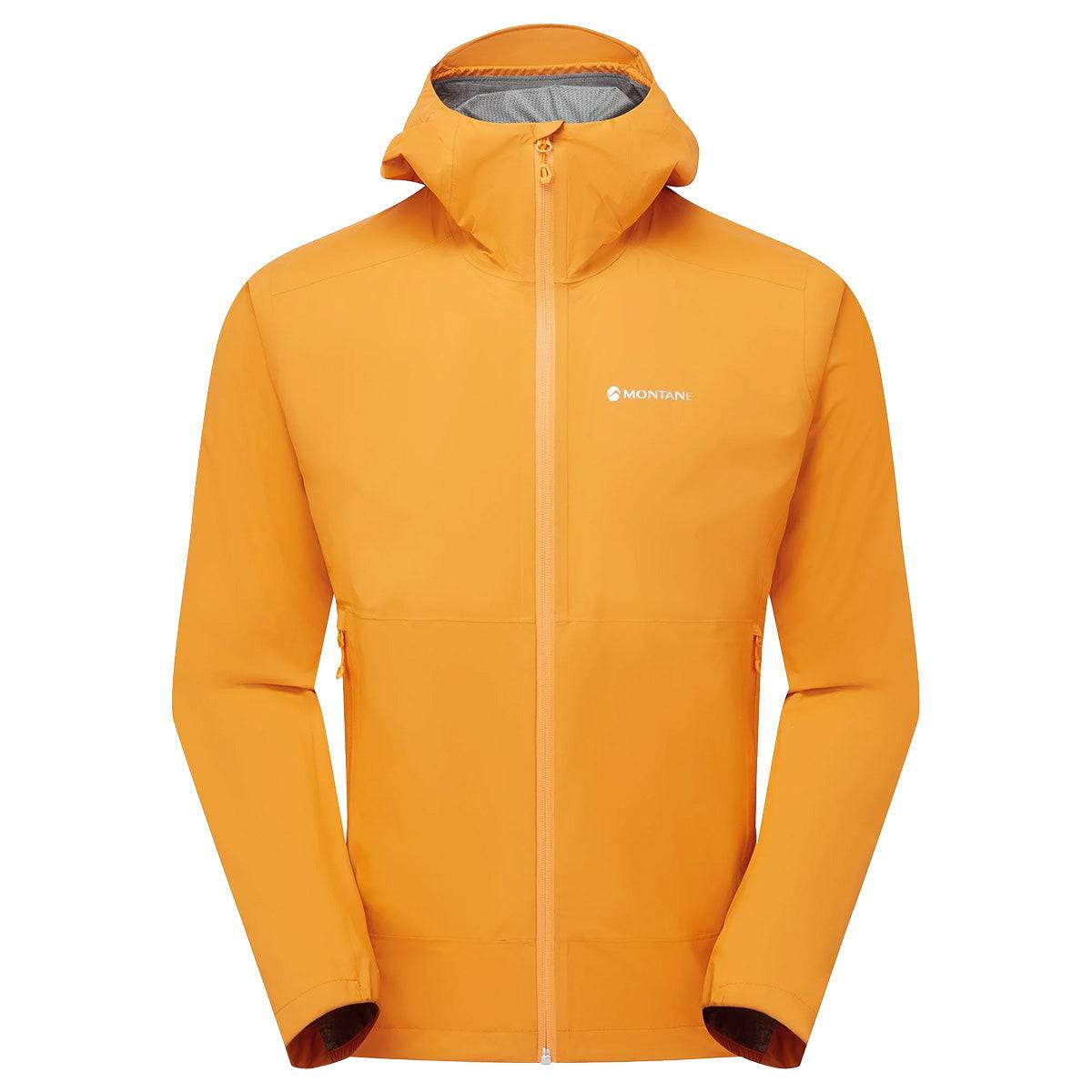 Montane Mens Minimus Lite Waterproof Jacket in vibrant orange with hood and full zip, ideal for trail running and fast-packing adventures.