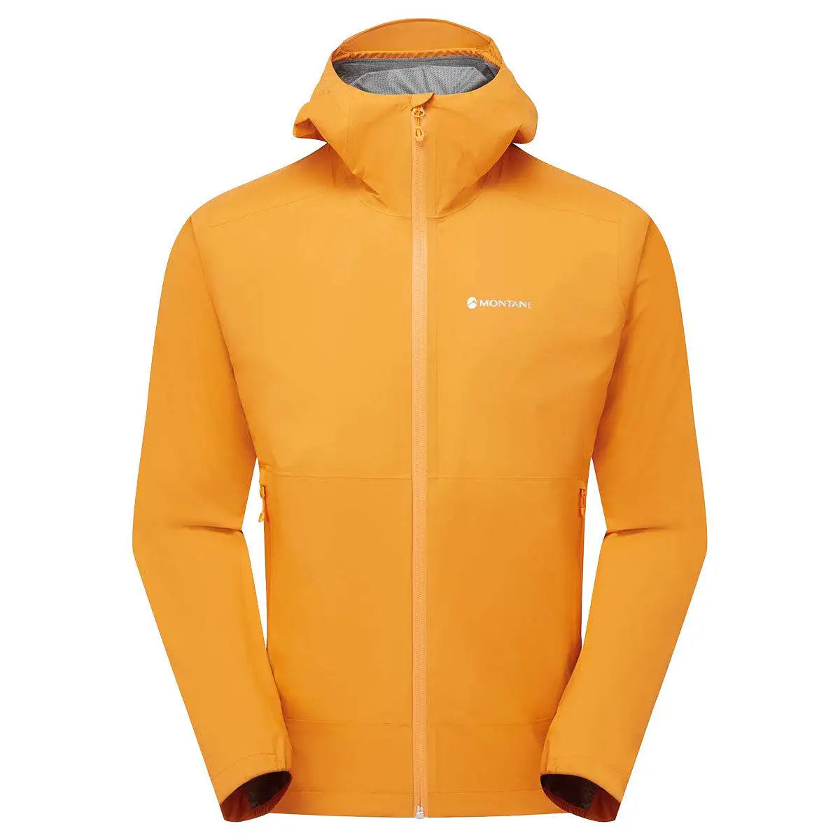 Montane Mens Minimus Lite Waterproof Jacket in vibrant orange with hood and full zip, ideal for trail running and fast-packing adventures. Nagami Orange from John Bull Clothing