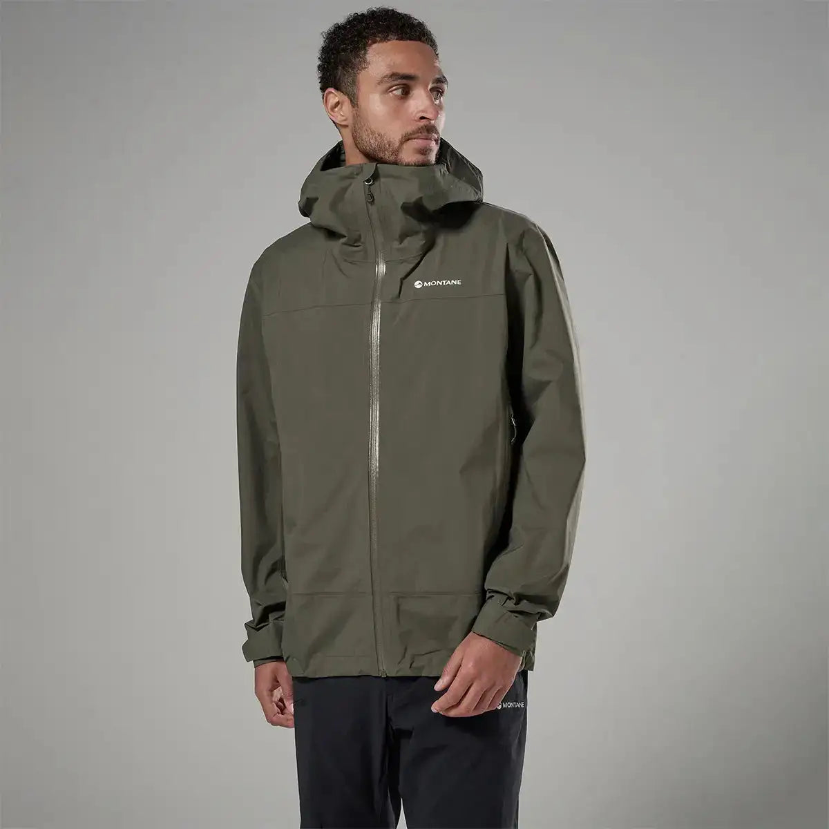 Montane men's outdoor waterproof jacket with hood, side view Moss from John Bull Clothing