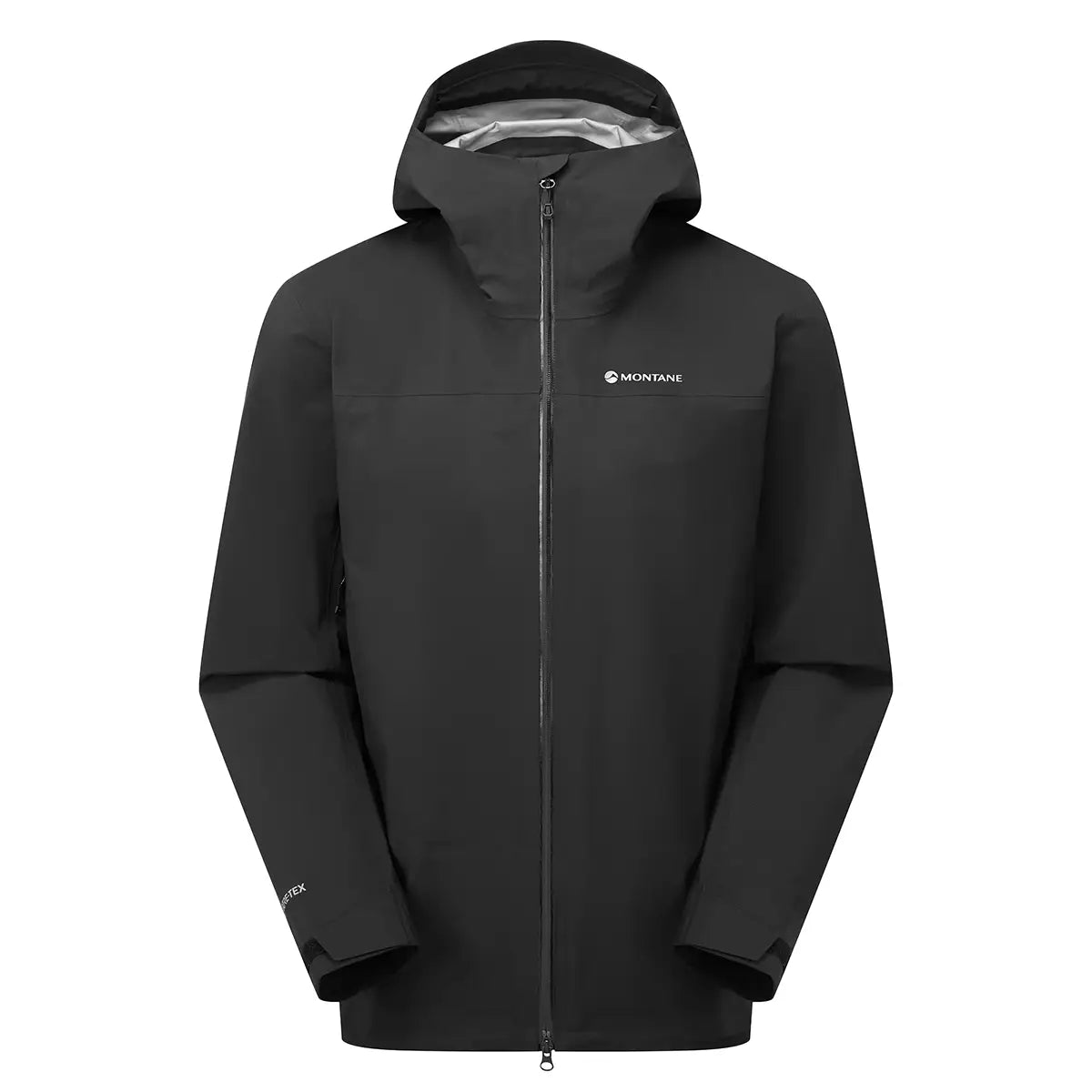 Montane Mens Phase Goretex Waterproof Jacket in black, featuring a minimalist design with durable waterproof Gore-Tex fabric.