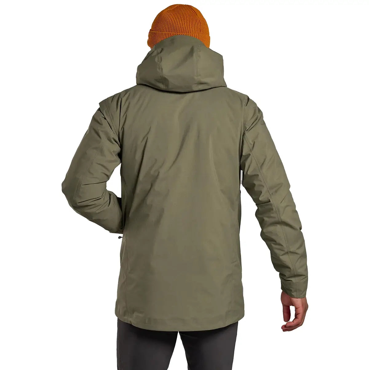 Back view of Montane Mens Phase Goretex Waterproof Jacket in green, showing hood and ergonomic cut for mobility and coverage.