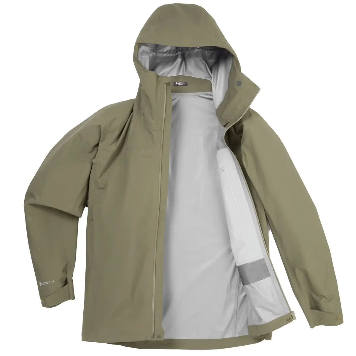 Interior view of Montane Mens Phase Goretex Waterproof Jacket in green, showing breathable lining and internal zip pocket.