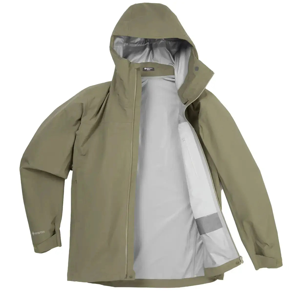 Interior view of Montane Mens Phase Goretex Waterproof Jacket in green, showing breathable lining and internal zip pocket. from John Bull Clothing