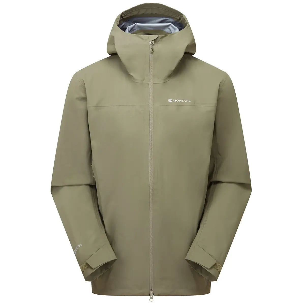 Montane Mens Phase Goretex Waterproof Jacket in green with full zip and hood, ideal for rain protection and outdoor performance.