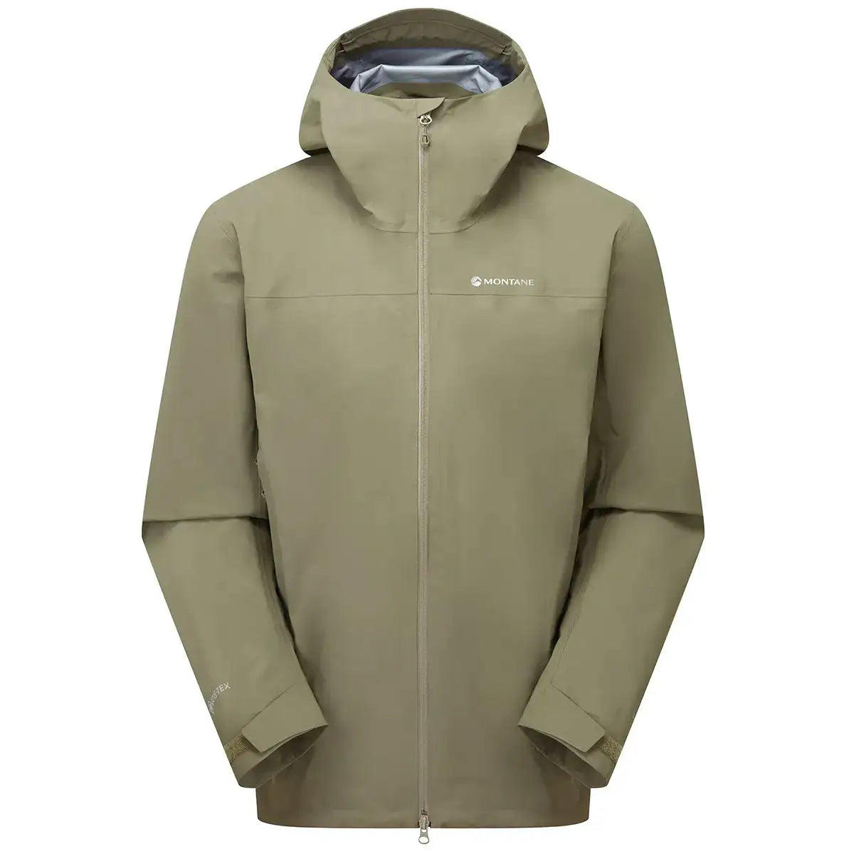 Montane Mens Phase Goretex Waterproof Jacket in green with full zip and hood, ideal for rain protection and outdoor performance. Capers from John Bull Clothing